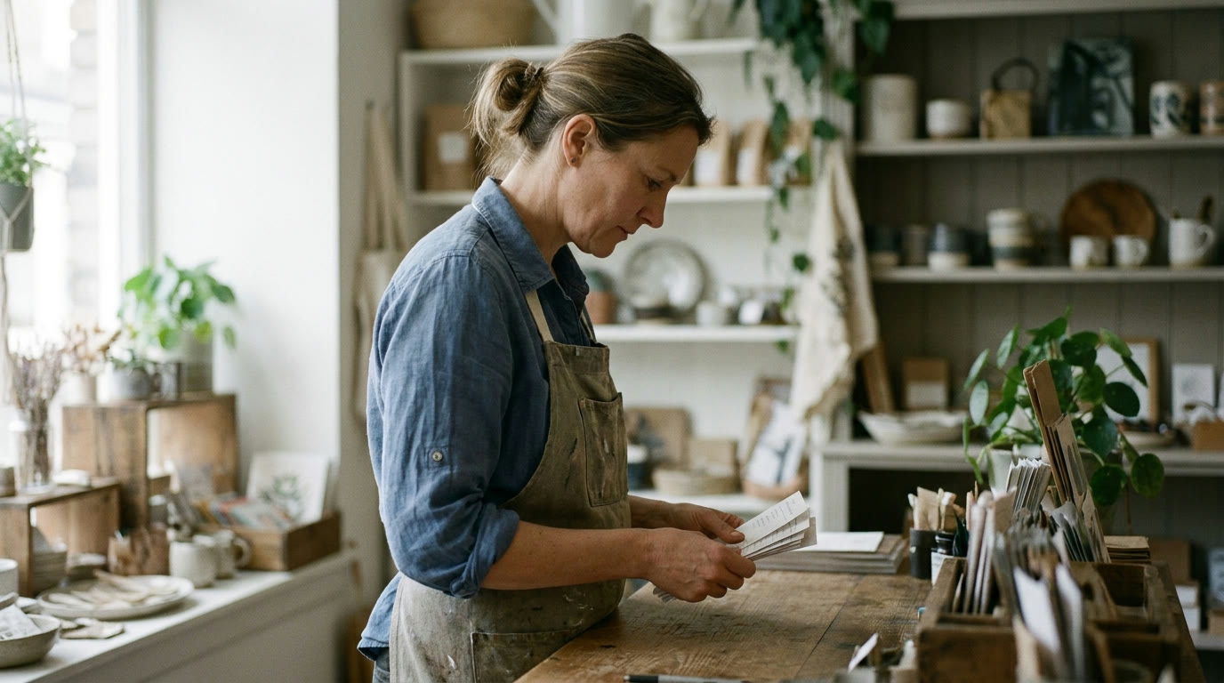 A shop owner reviewing paperwork at a counter