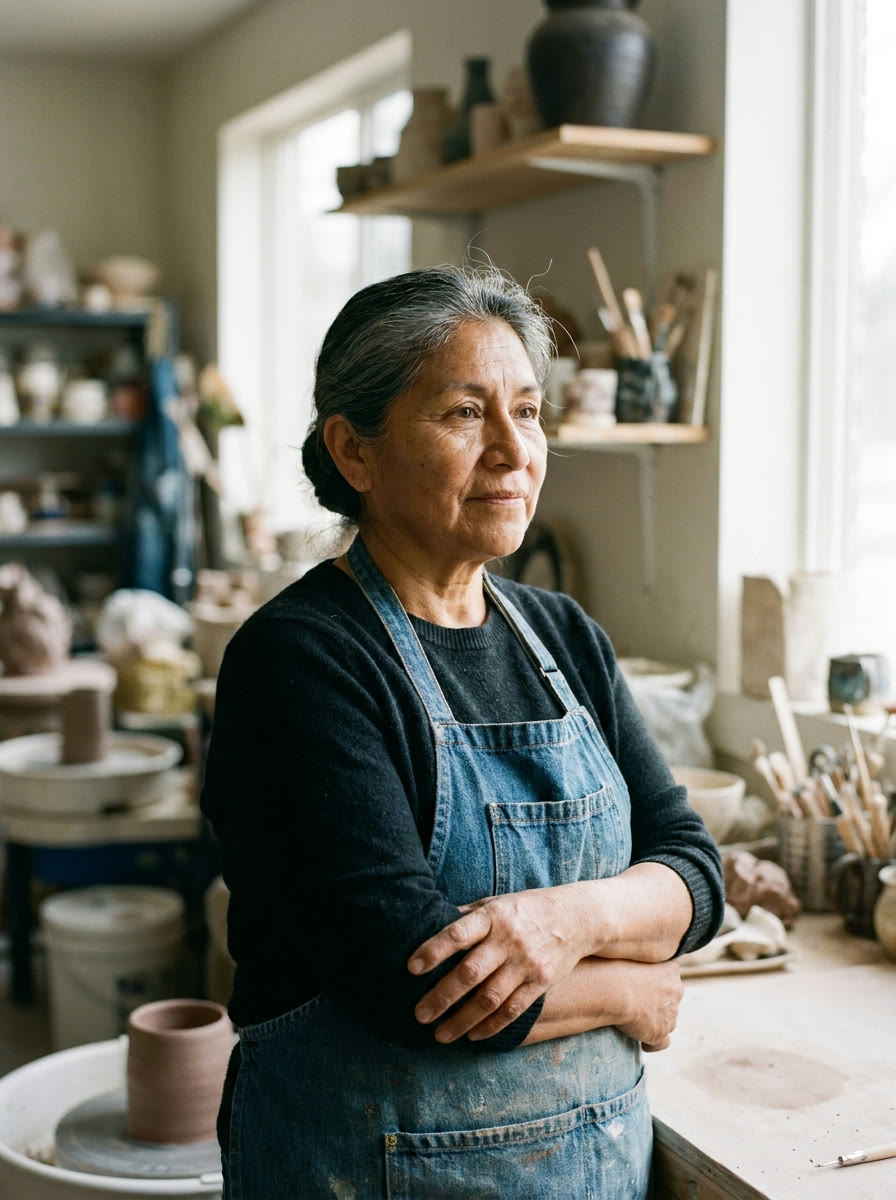 A woman in her fifties looking out past the camera