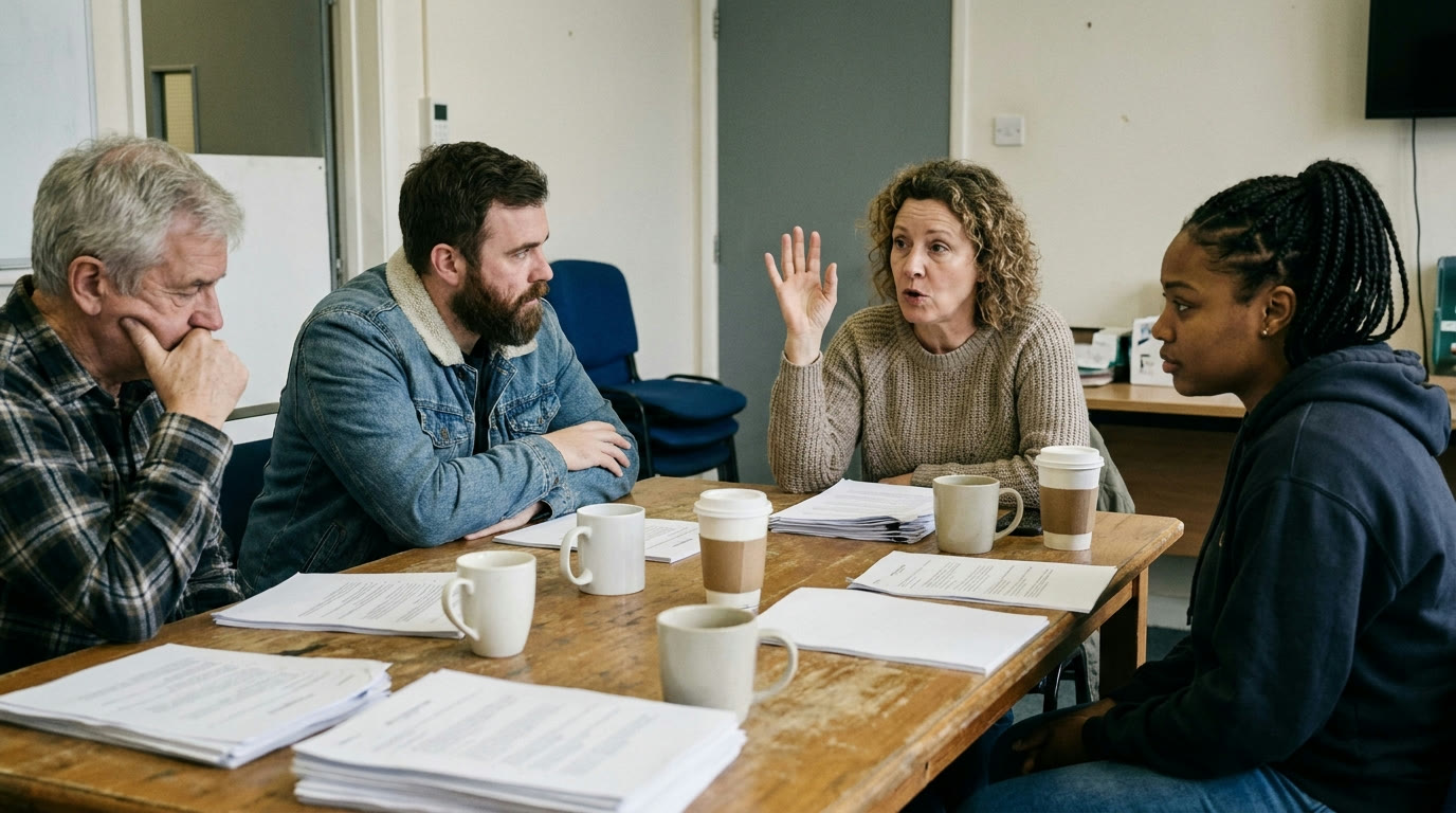 Two people working together at a table, mid conversation