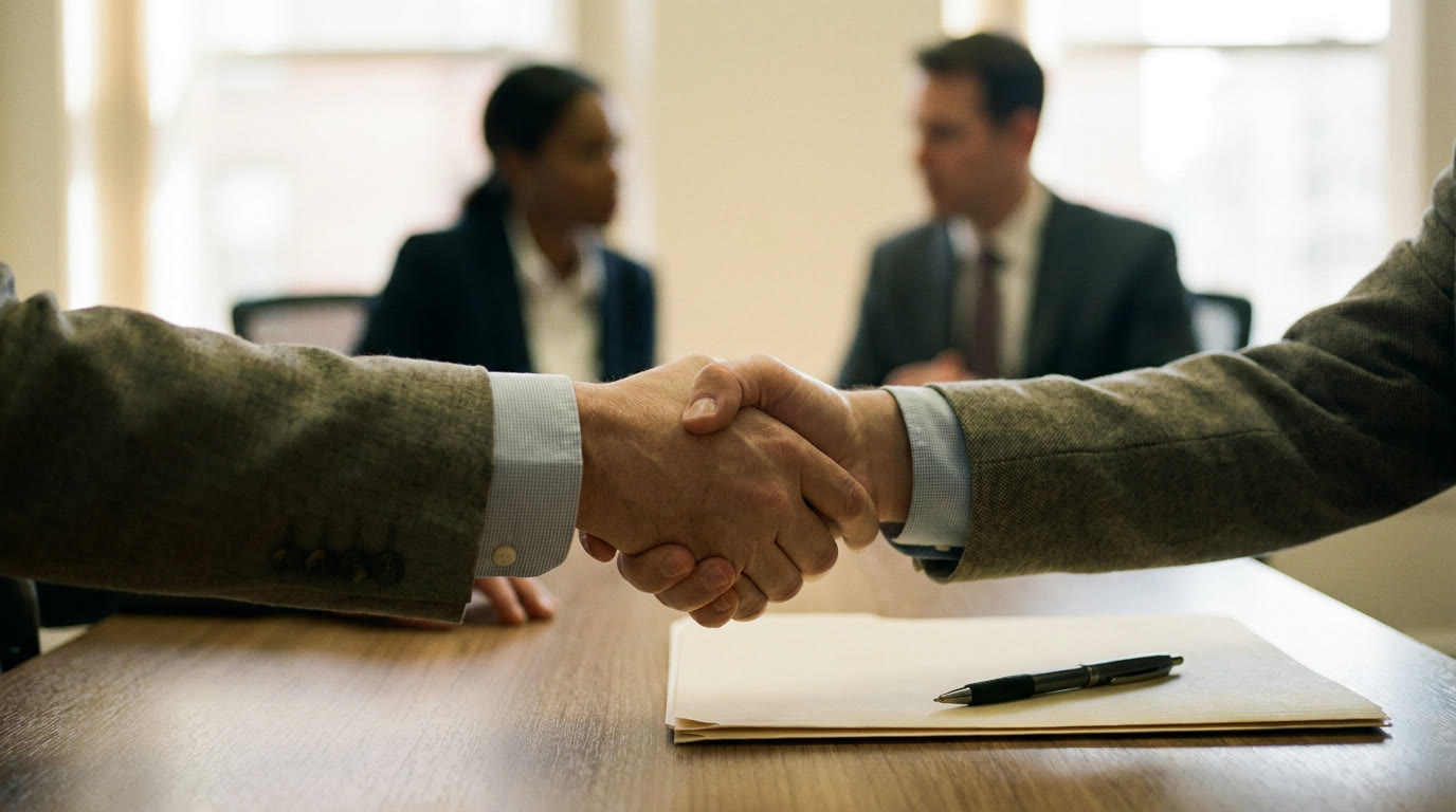 Two people shaking hands across a desk