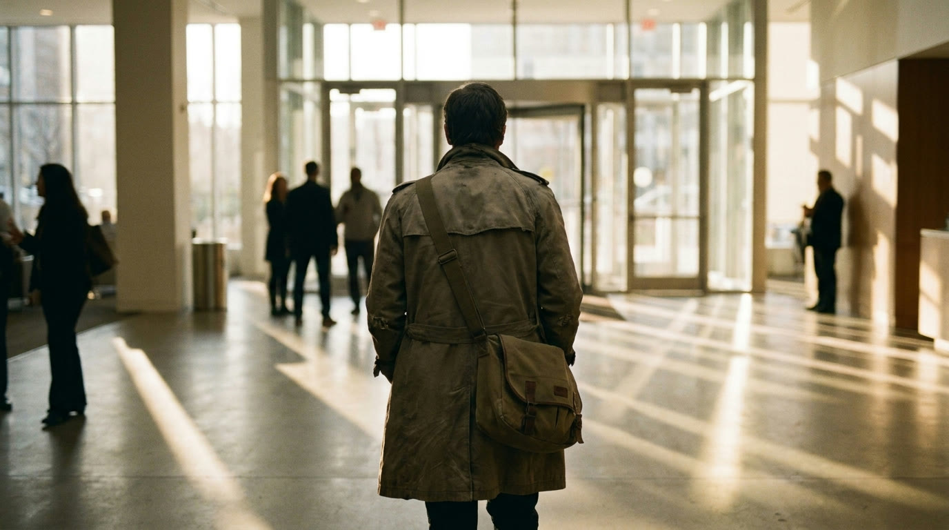 Someone arriving at work in early morning light