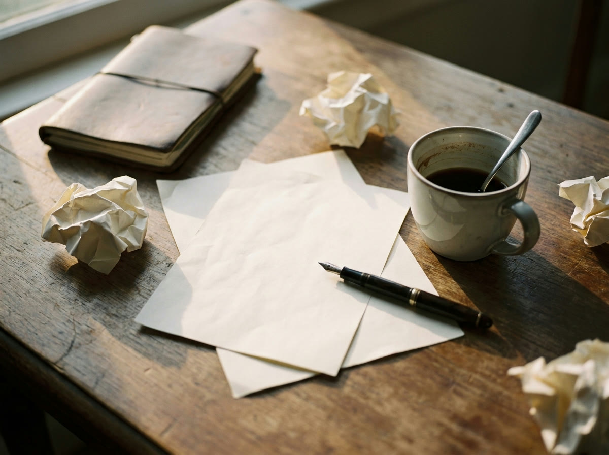 Notebook, fountain pen and coffee on a wooden desk