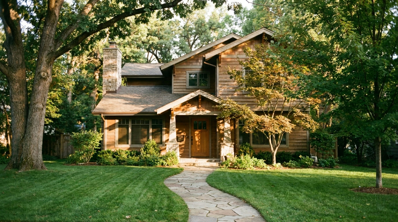 A house exterior at golden hour
